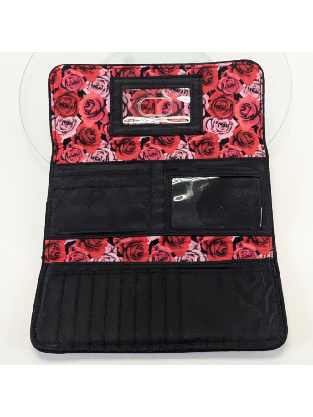 Vera Bradley Havana Polka Dots Trifold Wallet Black Red Roses Large - Picture 5 of 5